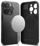 iPhone 15 Pro Case | Onyx Magnetic - Black textured phone case showing exterior and interior with magnetic charger.
