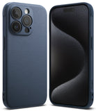 iPhone 15 Pro Case | Onyx - Front and back views of a textured navy blue phone case on an iPhone 15 Pro.