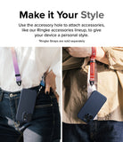 iPhone 15 Pro Case | Onyx - Two people wearing dark blue phone cases attached to colorful wrist and neck straps.