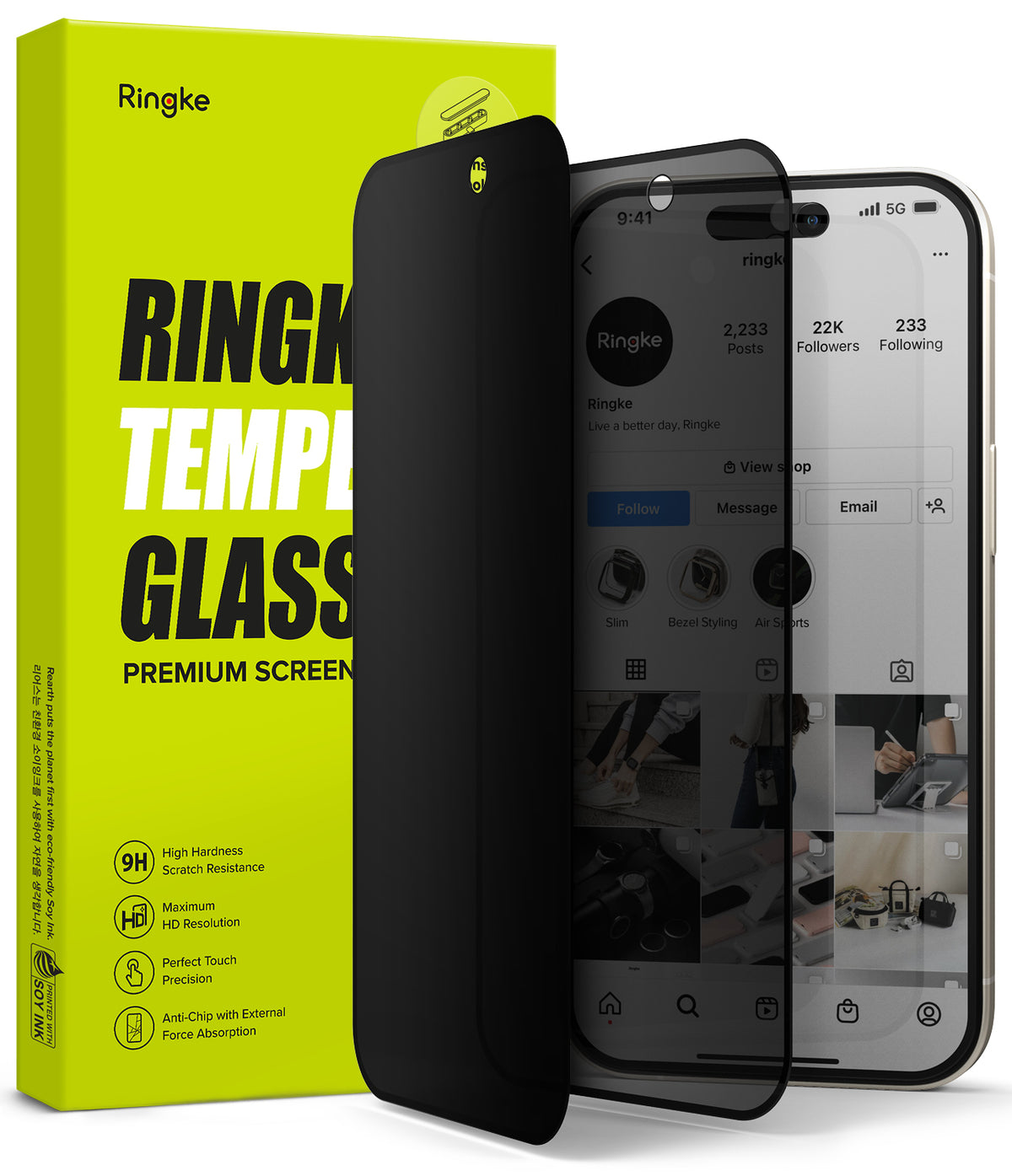 iPhone 15 Screen Protector | Privacy Glass - iPhone 15 Privacy Glass - A Ringke privacy screen protector hovering over an iPhone 15 next to its bright yellow packaging.
