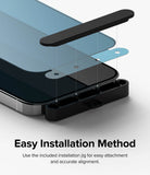 iPhone 15 Pro Screen Protector | Privacy Glass - iPhone 15 Pro Screen Protector - Privacy glass aligning with an iPhone using an installation jig and guide tool.