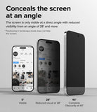 iPhone 15 Pro Screen Protector | Privacy Glass - iPhone 15 Pro Screen Protector - Three phones showing screen visibility decreasing from clear at 0° to black at 40°.