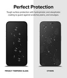 iPhone 15 Pro Screen Protector | Privacy Glass - iPhone 15 Pro Screen Protector - Comparison showing water beading on privacy glass versus smudges on standard glass.