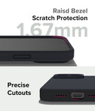 iPhone 15 Pro Case | Silicone Magnetic - Close-up of 1.67mm raised bezel and precise port cutouts on a black phone case.