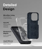 iPhone 15 Pro Case | Silicone Magnetic - Exploded view of a phone case showing microfiber, hard PC, magnet, and silicone layers.