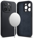 iPhone 15 Pro Case | Silicone Magnetic - Deep blue magnetic silicone case shown from front and back with MagSafe charger.