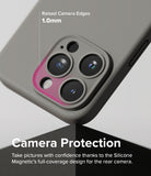 iPhone 15 Pro Case | Silicone Magnetic - Gray phone case highlighting 1.0mm raised edges for rear camera protection.