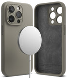 iPhone 15 Pro Case | Silicone Magnetic - Gray silicone case shown from back and interior with a magnetic charger.