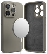iPhone 15 Pro Case | Silicone Magnetic - Gray silicone case shown from back and interior with a magnetic charger.