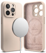 iPhone 15 Pro Case | Silicone Magnetic - Pink sand silicone case with magnetic charger and suede-lined interior.