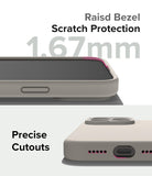 iPhone 15 Pro Case | Silicone Magnetic - Close-up of raised screen bezel and precise port cutouts on a beige phone case.