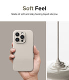 iPhone 15 Pro Case | Silicone Magnetic - Hand holding a beige silicone phone case next to liquid silicone pouring.