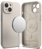 iPhone 15 Plus Case | Silicone Magnetic - Stone-colored silicone case with magnetic charger and suede interior.