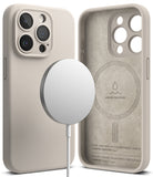 iPhone 15 Pro Case | Silicone Magnetic - Stone-colored silicone case shown from back and interior with magnetic charger.