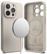 iPhone 15 Pro Case | Silicone Magnetic - Stone-colored silicone case shown from back and interior with magnetic charger.