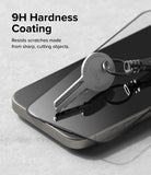 iPhone 15 Pro Screen Protector | Easy Slide Tempered Glass - iPhone 15 Pro Screen Protector - A metal key rests on a smartphone screen protector, demonstrating 9H scratch resistance.