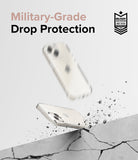 iPhone 15 Case | Air - Clear iPhone case bouncing off a cracked concrete surface with military-grade protection badge.