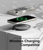 iPhone 15 Case | Air - Clear phone case on an iPhone 15 wirelessly charging on a circular pad with a green charging icon.
