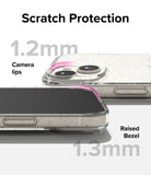 iPhone 15 Case | Air - Clear glitter case showing 1.2mm camera lips and 1.3mm raised screen bezel for scratch protection.