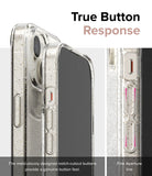 iPhone 15 Case | Air - Clear glitter phone case showing precise button cutouts and fine aperture lines for tactile feedback.