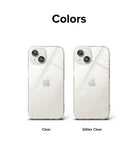iPhone 15 Case | Air - Two iPhone 15 cases side-by-side, one in clear and one in glitter clear, labeled below.