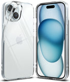 iPhone 15 Case | Air - Clear protective phone case shown from the back and front on an iPhone 15 with blue abstract wallpaper.