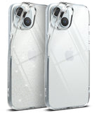 iPhone 15 Case | Air - Two clear iPhone 15 cases, one with glitter and one plain, shown from the back against a white background.
