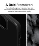 iPhone 15 Case | Fusion Bold - Close-up of a black matte iPhone case frame next to a textured, dark sand-like surface.