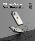 iPhone 15 Case | Fusion Bold - iPhone 15 case bouncing off a cracked surface with military-grade drop protection text and badge.