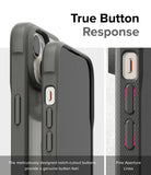 iPhone 15 Case | Fusion Bold - Close-up of phone case buttons with notch-cutouts for tactile response and fine aperture lines.