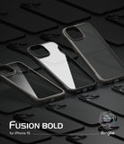 iPhone 15 Case | Fusion Bold - Two gray and black protective phone cases arranged on a dark, patterned background.