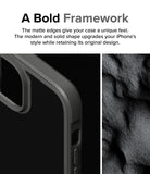 iPhone 15 Case | Fusion Bold - Close-up of a matte gray phone case frame with textured edges next to a dark, grainy surface.