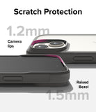iPhone 15 Case | Fusion Bold - Close-up of phone case showing 1.2mm camera lips and 1.5mm raised screen bezel for scratch protection.