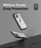 iPhone 15 Case | Fusion Bold - iPhone 15 in a protective case bouncing off a cracked surface with military-grade certification.