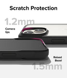 iPhone 15 Case | Fusion Bold - Close-up of phone case showing 1.2mm camera lips and 1.5mm raised screen bezel for scratch protection.