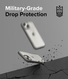 iPhone 15 Case | Fusion Bold - Two iPhones in protective cases falling toward a cracked surface with military-grade badge.