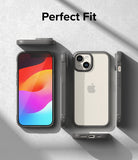 iPhone 15 Case | Fusion Bold - Multiple views of a grey iPhone 15 case showing the front, back, and sides on a textured surface.