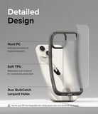 iPhone 15 Case | Fusion Bold - Exploded view of a phone case highlighting hard PC, soft TPU, and lanyard hole features.