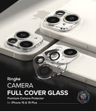iPhone 15 Plus / 15 | Camera Protector Glass [2 Pack] - Clear glass lens protectors installed on white iPhone cameras.