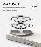 iPhone 15 Plus / 15 | Camera Protector Glass [2 Pack] - Two transparent camera lens protectors floating above an iPhone.