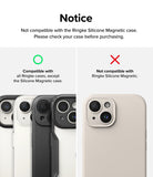 iPhone 15 Plus / 15 | Camera Lens Frame Glass - Compatibility chart showing Ringke cases vs. Silicone Magnetic case.