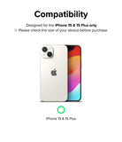 iPhone 15 Plus / 15 | Camera Styling - Compatibility graphic showing a white iPhone 15 with a green checkmark icon.