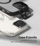 iPhone 15 Plus / 15 | Camera Styling - iPhone 15 Plus / 15 Camera Styling - Black camera lens protector hovering above a clear iPhone case on a smartphone.