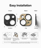 iPhone 15 Plus / 15 | Camera Styling - iPhone 15 Plus / 15 Camera Styling - Technical dimensions and four-step installation guide for camera lens protector.