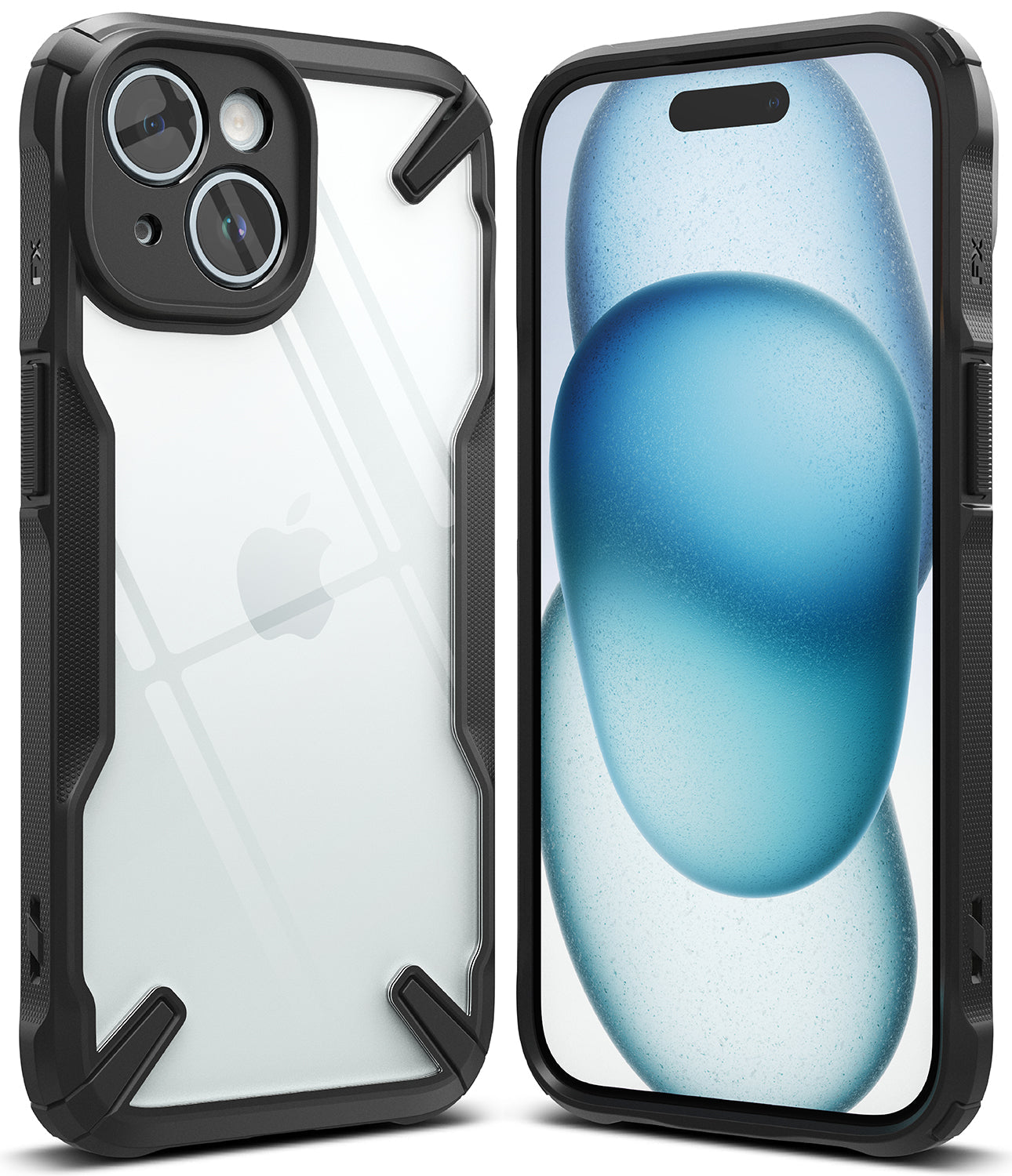 iPhone 15 Case | Fusion-X - Clear back iPhone 15 case with black reinforced corners and textured side grips shown from front and back.