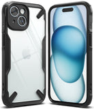 iPhone 15 Case | Fusion-X - Clear back iPhone 15 case with black reinforced corners and textured side grips shown from front and back.