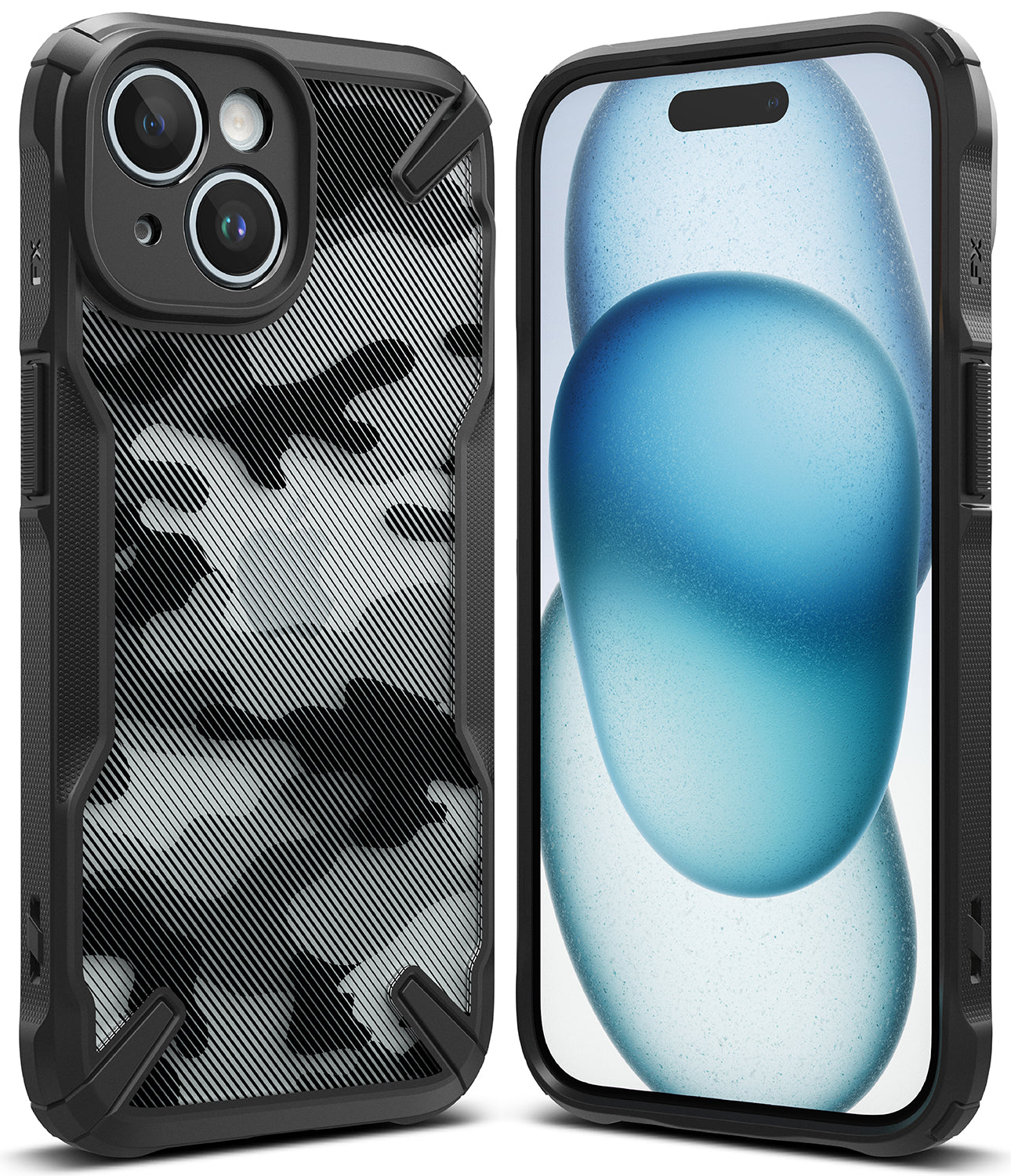 iPhone 15 Case | Fusion-X - Black and white camouflage patterned phone case with rugged black bumpers shown from front and back.