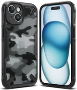 iPhone 15 Case | Fusion-X - Black and white camouflage patterned phone case with rugged black bumpers shown from front and back.