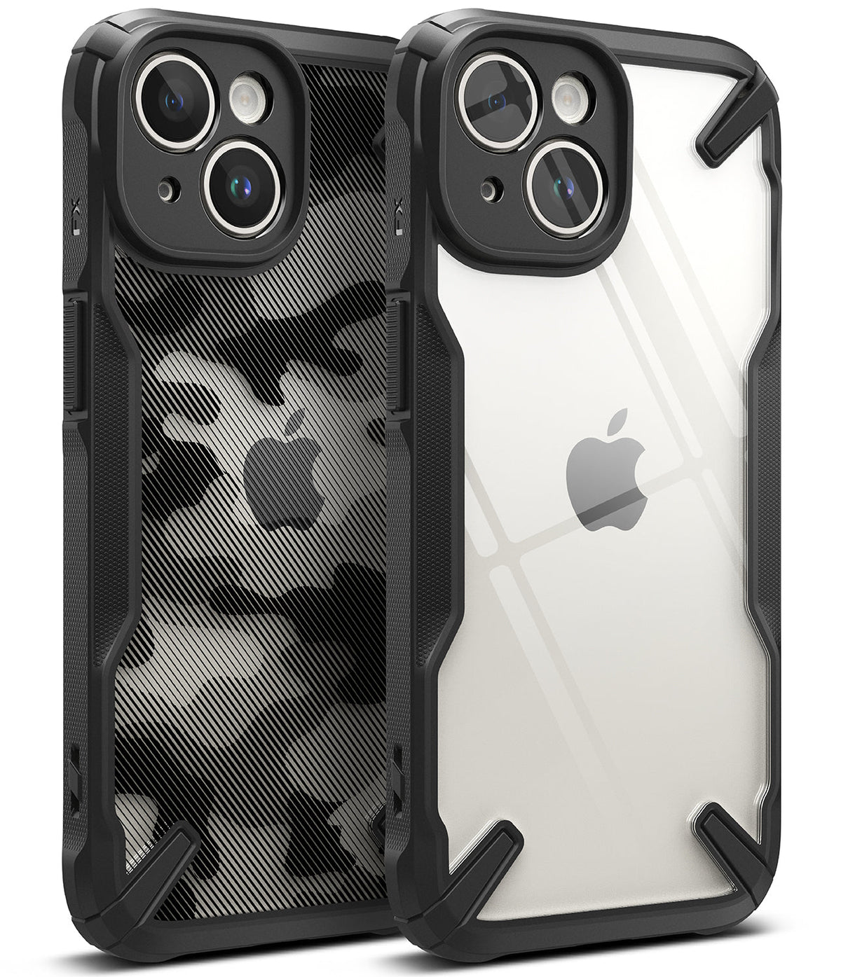 iPhone 15 Case | Fusion-X - Two iPhone 15 cases with black bumpers, one with a camo pattern and one clear back.