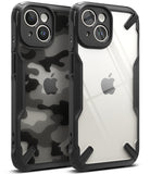 iPhone 15 Case | Fusion-X - Two iPhone 15 cases with black bumpers, one with a camo pattern and one clear back.